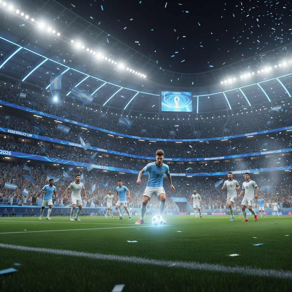 Acción de ataque en un campo de fútbol con jugadores disputando la pelota bajo luces nocturnas